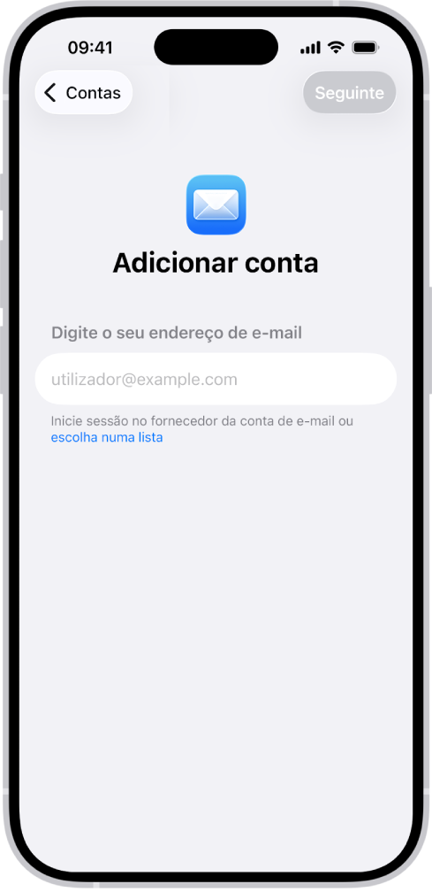 O ecrã “Adicionar conta” com um campo para introduzir o endereço de e‑mail.