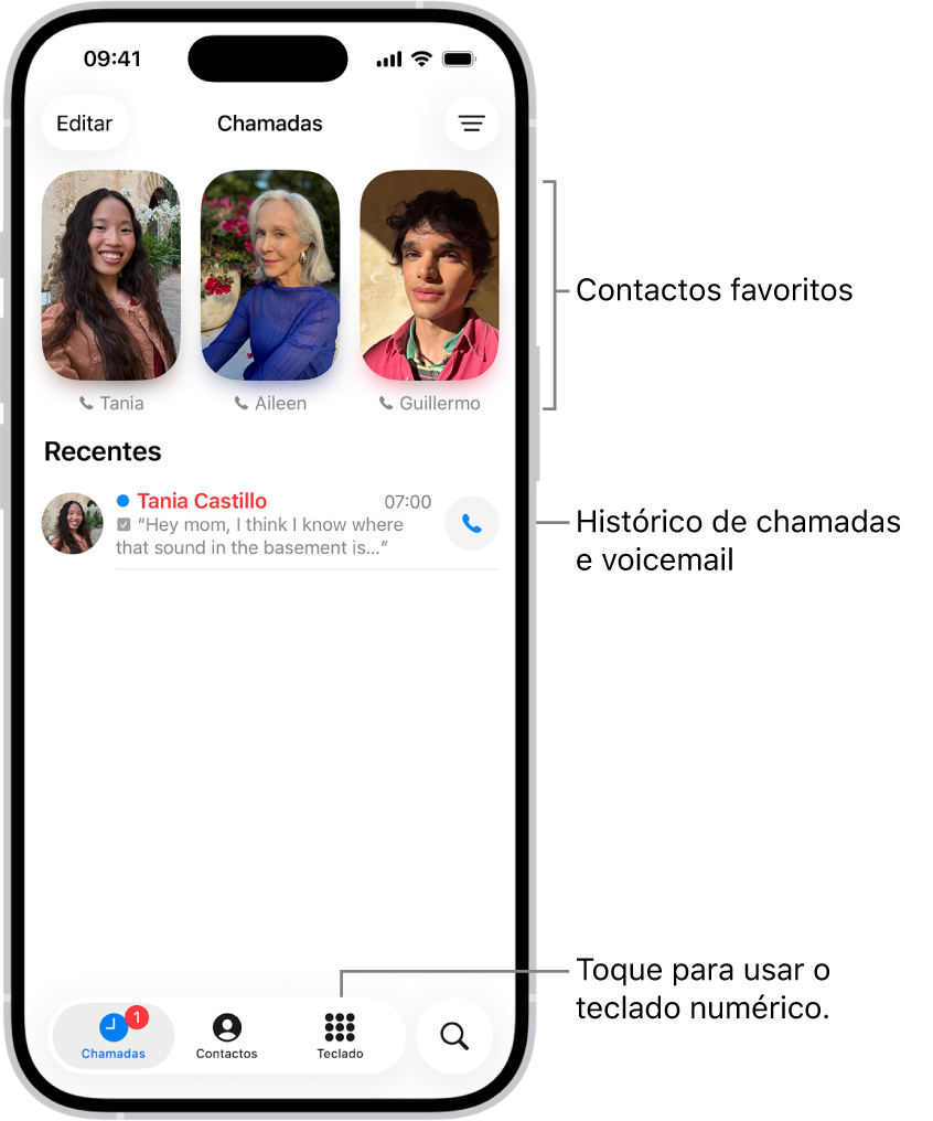 O separador “Chamadas” na aplicação Telefone na disposição unificada. Os contactos favoritos aparecem na parte superior. Em “Favoritos” encontra-se uma lista de chamadas recentes e voicemail. Os botões para ver os separadores “Chamadas”, “Contactos” e “Teclado numérico” aparecem na parte inferior. No canto inferior direito, está o botão Pesquisar.