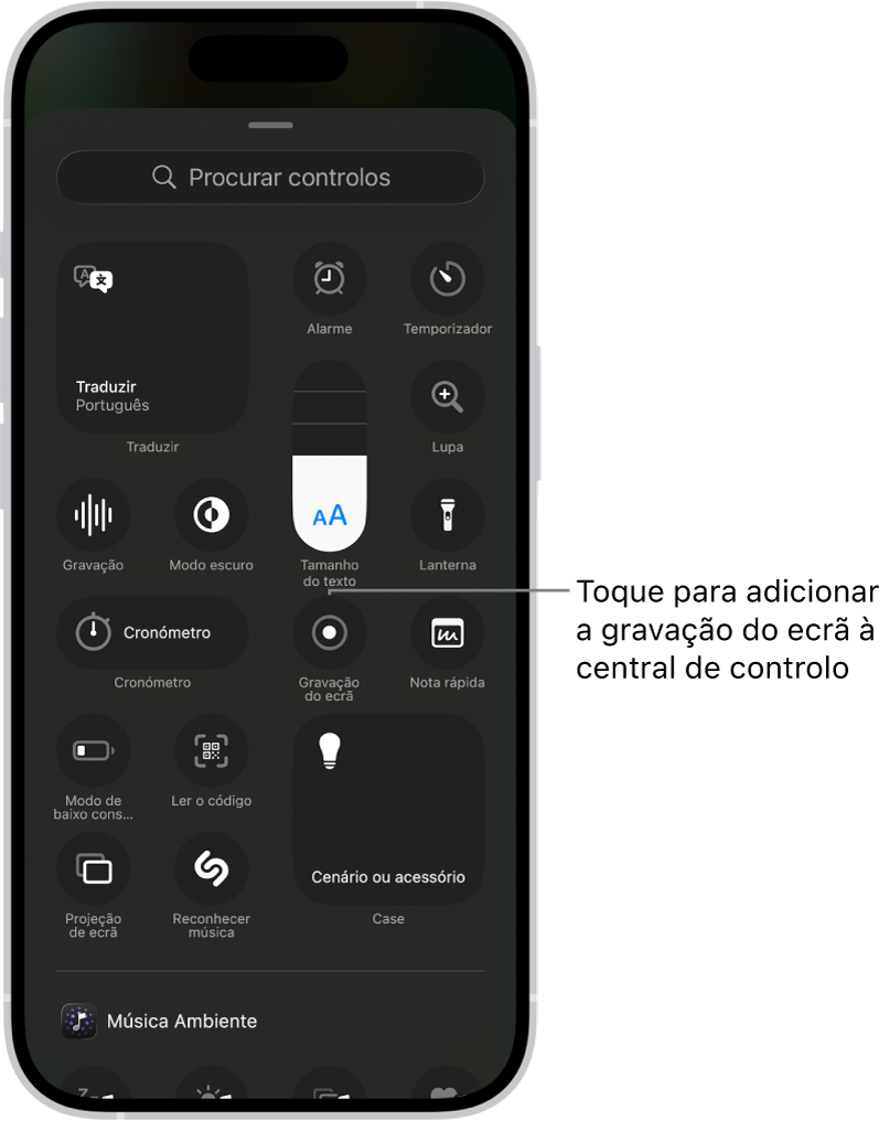 Um ecrã a mostrar controlos que pode adicionar à central de controlo. O controlo “Gravação de ecrã” encontra-se junto ao centro.