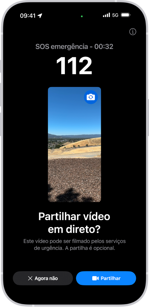 O ecrã “Vídeo em tempo real para SOS emergência” a mostrar uma chamada de emergência para o 112 com uma pré-visualização do vídeo ao centro. Na parte inferior estão os botões “Agora não” e “Partilhar vídeo”.