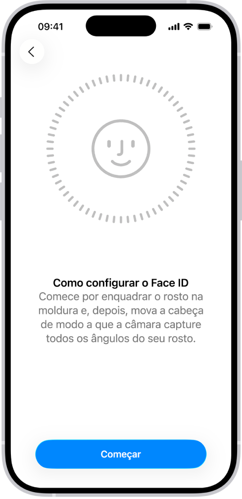 O ecrã de configuração do reconhecimento através do Face ID. No ecrã, está um rosto sorridente enquadrado num círculo. Por baixo, o texto indica ao utilizador que deve mover a cabeça devagar para completar o círculo. Quase no fundo do ecrã, está um botão para começar.