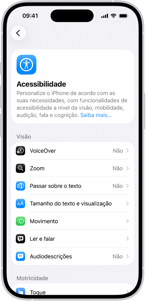 O ecrã Acessibilidade nas Definições a mostrar as funcionalidades integradas para suporte de Vision.