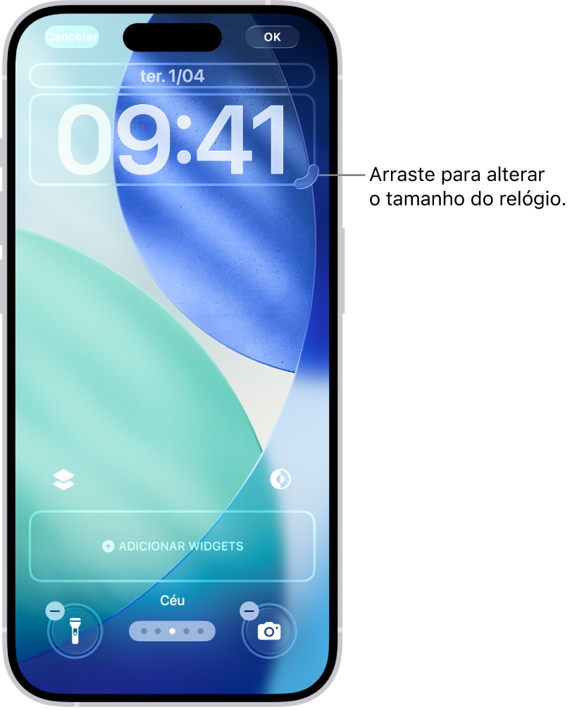 Um ecrã bloqueado personalizado durante o processo de edição. Os elementos disponíveis para personalização estão selecionados: a data, a hora e um botão para adicionar widgets.