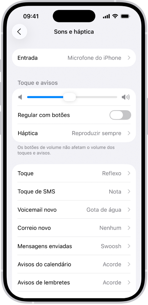 O ecrã Sons e háptica nas Definições.