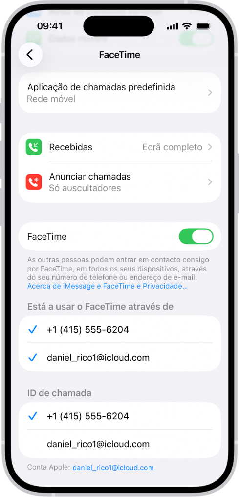 O ecrã Definições do FaceTime a mostrar a opção “Aplicação de chamadas predefinida”, o controlo para ativar ou desativar o FaceTime e a conta Apple que está a ser usada para o FaceTime.