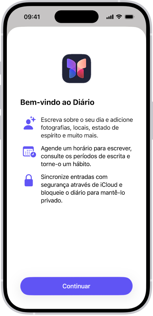 O ecrã de boas-vindas da aplicação Diário.