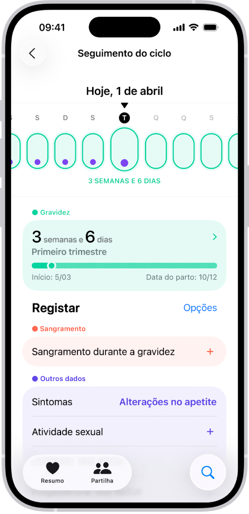 O ecrã de Seguimento do ciclo com o cronograma de uma semana na parte superior do ecrã. Ovais verde-claras e pontos roxos marcam os primeiros 5 dias no cronograma. As ovais verde claras tracejadas marcam os outros dias no cronograma. Por baixo do cronograma encontra-se o resumo da gravidez que mostra a idade gestacional, a data de início e a data prevista para o parto. Por baixo do resumo da gravidez encontram-se opções para adicionar informação sobre sangramento durante a gravidez, sintomas, etc.