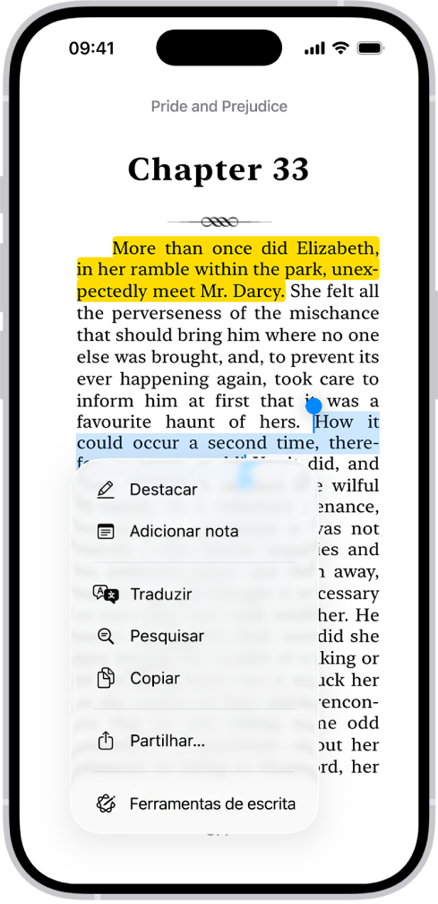 Uma página de um livro na aplicação Livros, com uma parte do texto da página selecionado. Os controlos de “Destacar”, “Adicionar Nota” e “Traduzir” encontram-se por cima do texto selecionado.