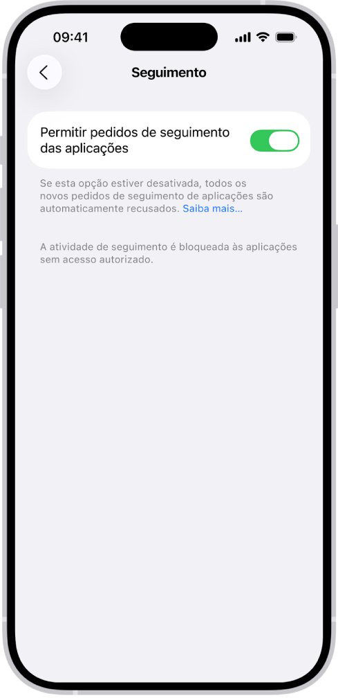 O ecrã “Seguimento”, com uma definição para controlar se as aplicações podem pedir para realizar o seu seguimento em sites ou aplicações detidas por outras empresas.