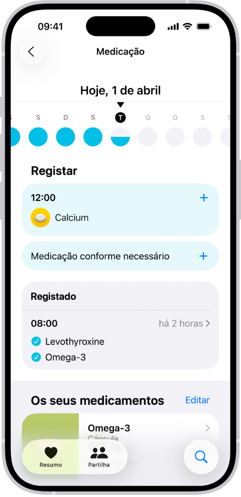 O ecrã Medicamentos na aplicação Saúde mostra a data e um registo dos medicamentos.