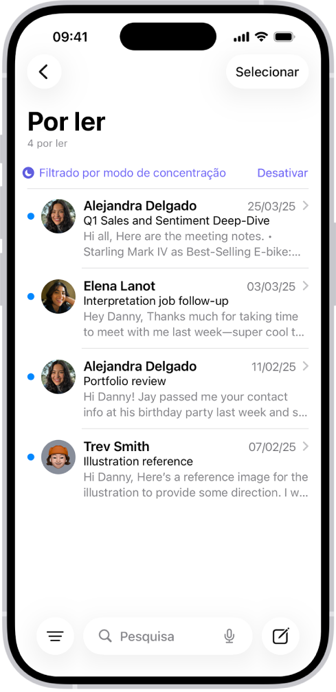 A caixa de correio Recebido, com uma lista de mensagens. Por cima da lista de mensagens está a etiqueta “Filtrado por modo de concentração” e à direita, a opção “Desativar”.
