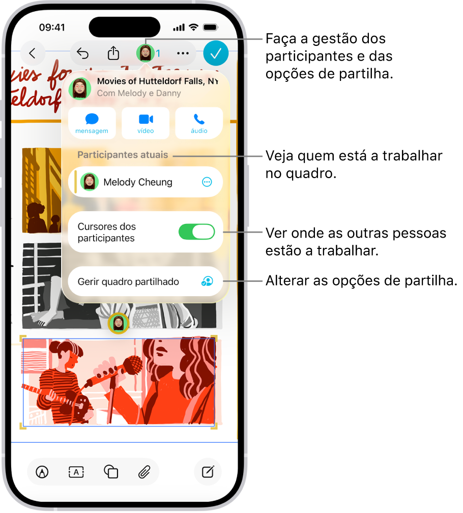Um quadro Freeform partilhado no iPhone com o menu de colaboração aberto.