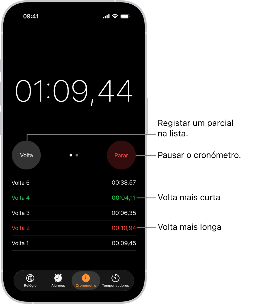 Um cronómetro na aplicação Relógio mostra o tempo decorrido de um evento e, por baixo, são apresentadas várias voltas desse evento.