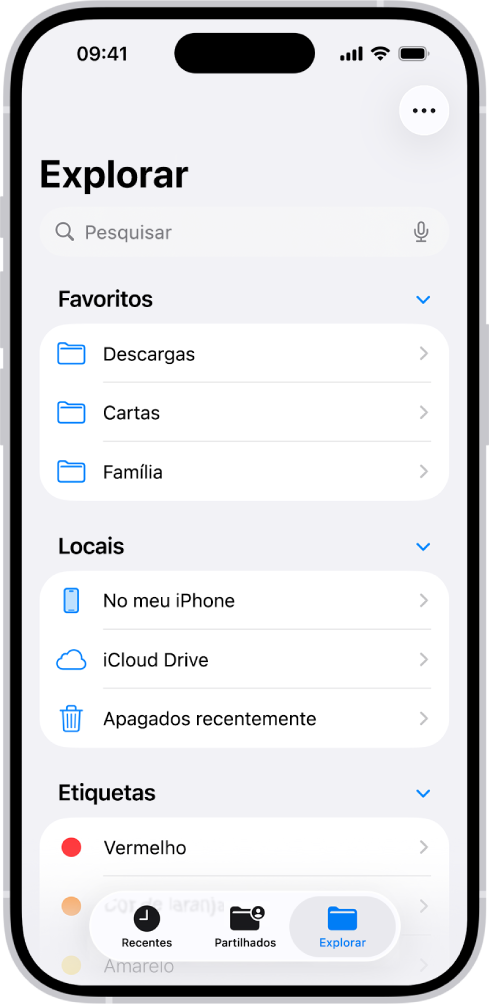 A aplicação Ficheiros a mostrar várias pastas e localizações com os nomes “Descargas”, “Cartas”, “Família”, etc. Na parte inferior do ecrã existem botões para Ficheiros recentes, Ficheiros partilhados e o separador Explorar.