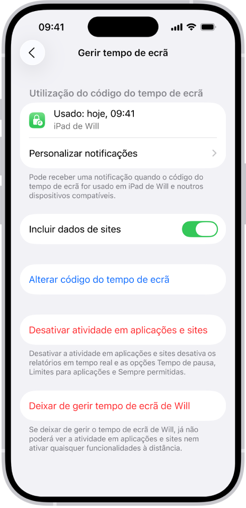 O ecrã Gerir tempo de ecrã para uma criança na família. A parte superior do ecrã mostra a última vez que o código foi usado e em que dispositivo.