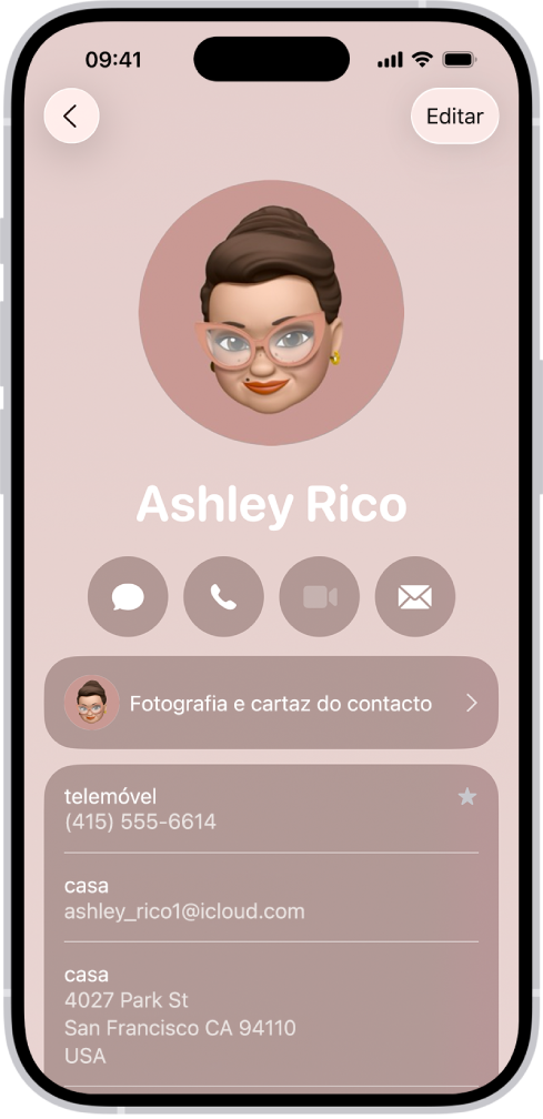 Uma ficha de contacto na aplicação Contactos.