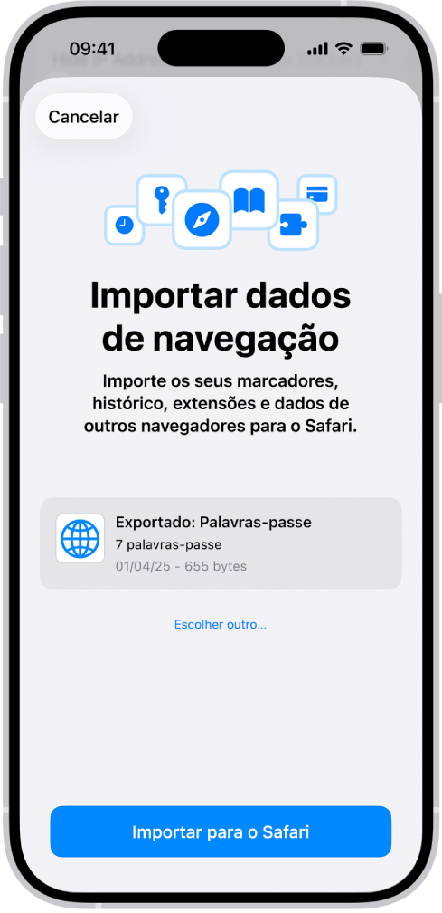 O ecrã “Importar dados de navegação” a mostrar o ficheiro CSV das palavras‑passe de outro gestor de palavras‑passe para importação.