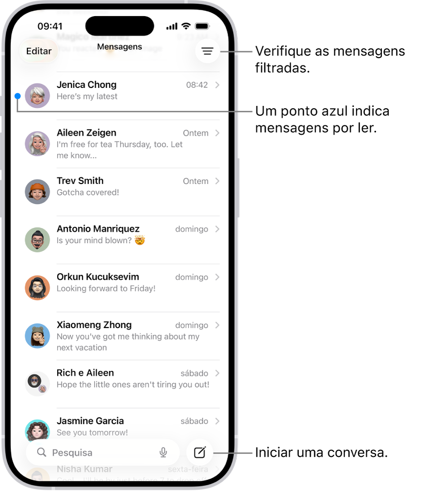 A lista de conversas da aplicação Mensagens, com o botão “Compor” na parte inferior direita. Um ponto azul à esquerda de uma mensagem indica que esta não foi ainda lida.