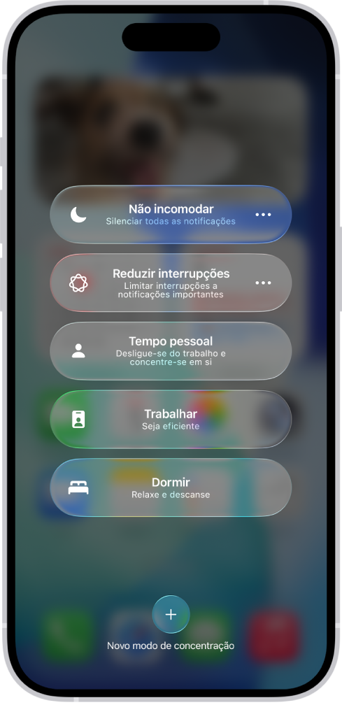 A central de controlo mostra as opções de modo de concentração, com botões para definir a duração das opções de modo de concentração.