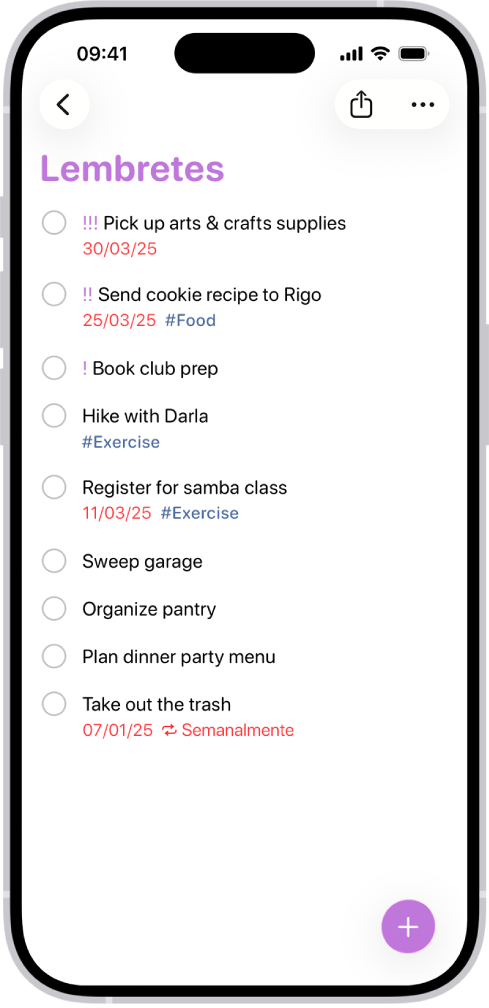 A aplicação Lembretes a mostrar uma nova tarefa a ser adicionada à lista “Lembretes”.