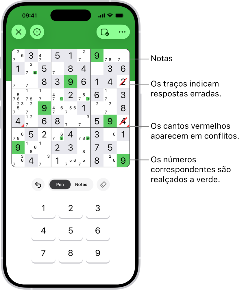 Um puzzle sudoku com várias funcionalidades ativadas. “Notes”, “Highlight Matching Numbers”, “Show Conflicts” e “Autocheck”.