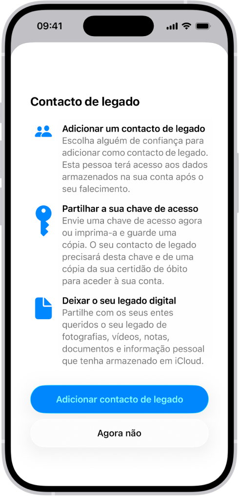 O ecrã de “Adicionar contacto de recuperação” a mostrar sugestões de contactos para selecionar um como contacto de recuperação, assim como a opção de selecionar outra pessoa.
