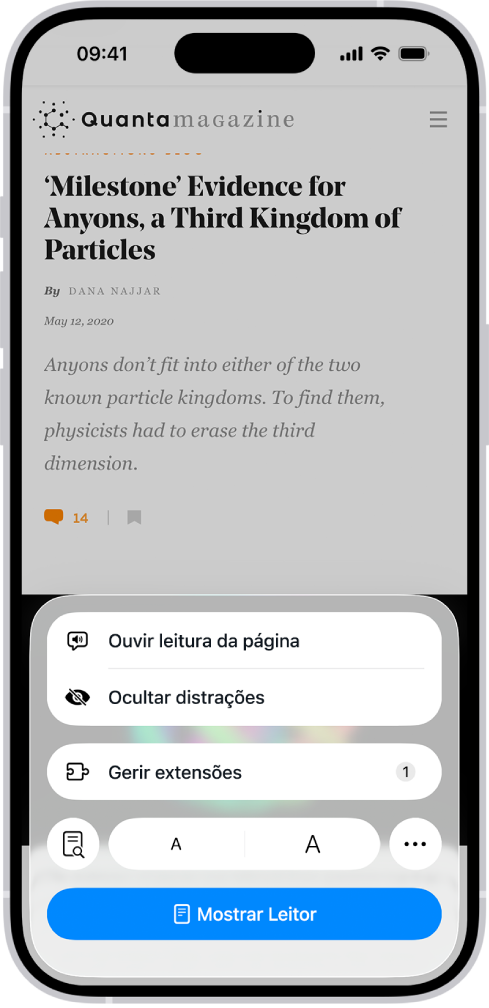 É aberto um site no Safari. O botão “Menu Página” é selecionado e são apresentados os controlos de audição.