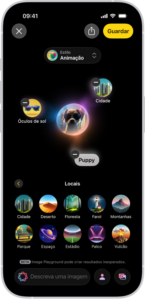 A janela da aplicação Image Playground a mostrar uma imagem criada de um cão a usar óculos de sol.