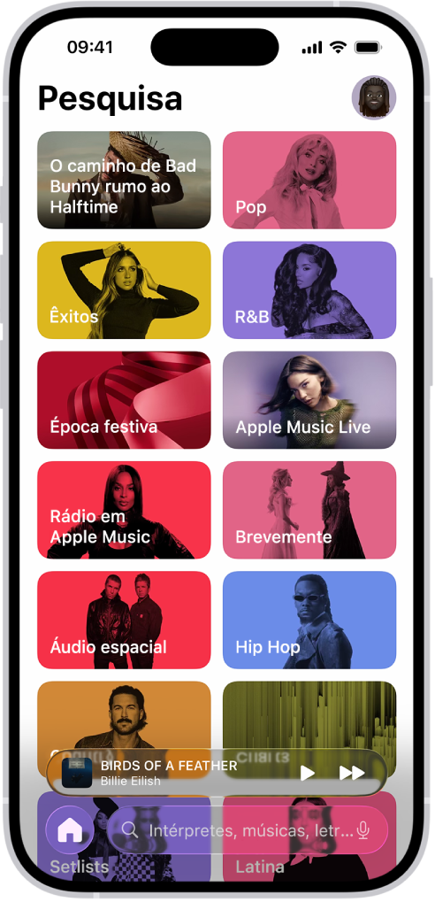 O separador Pesquisa a mostrar o campo de pesquisa na parte superior. Aparecem várias categorias de música por baixo, como Êxitos e Terapia sonora.
