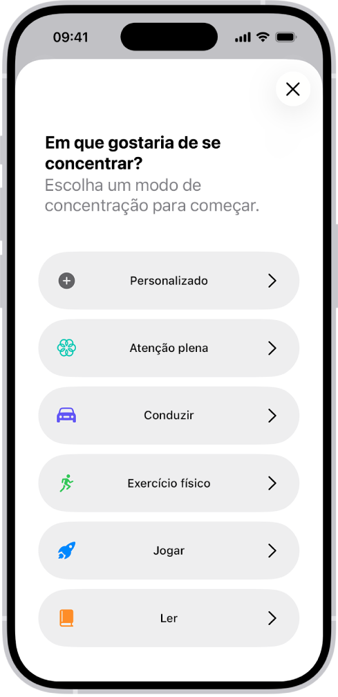 Um ecrã do modo de concentração para as opções de modos de concentração adicionais, incluindo Personalizado, Conduzir, Exercício físico, Jogar, Atenção plena e Ler.