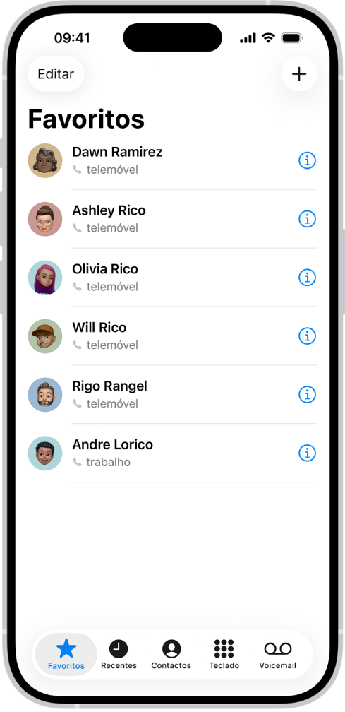 O ecrã Favoritos da aplicação Contactos; seis contactos estão na lista de favoritos.