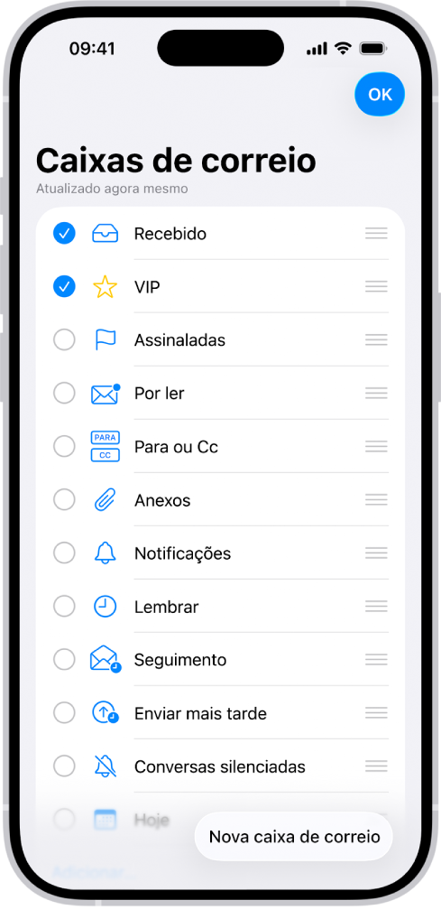 O ecrã de edição de caixas de correio. As caixas de correio opcionais são listadas de cima para baixo, com uma opção assinalável à esquerda de cada opção. No canto inferior direito do ecrã está um botão Nova caixa de correio.