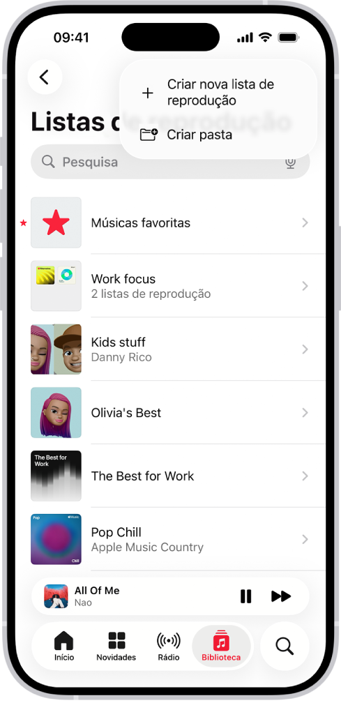 O separador Biblioteca a mostrar uma lista da lista de reproduções. Na parte superior estão os botões para criar uma nova lista de reprodução ou cria uma nova pasta.