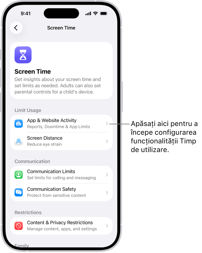 Ecranul pentru configurarea Timp de utilizare, arătând că apăsați butonul Activitate aplicații și site‑uri web pentru a începe.