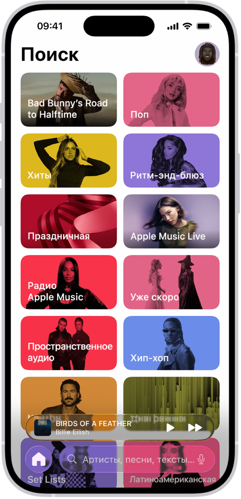 Вкладка поиска с полем поиска вверху. Внизу отображаются различные музыкальные категории, например «Хиты» и Sound Therapy («Музыкальная терапия»).