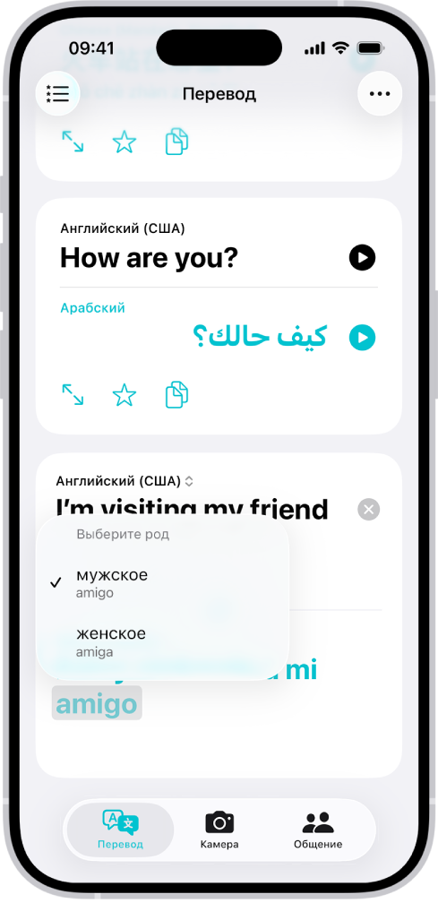 На вкладке «Перевод» показан перевод предложения с английского на испанский язык. Серым цветом выделено слово с разными вариантами для мужского и женского рода, перечисленными ниже.