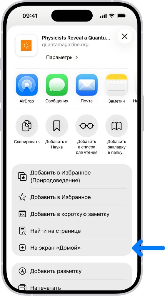 На сайте в Safari выбрана кнопка «Поделиться»; отображаются доступные варианты отправки, включая параметр «На экран "Домой"».