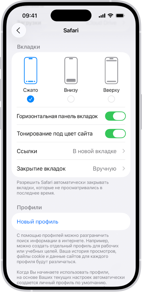 На экране показано три варианта внешнего вида Safari: «Компактно», «Внизу» и «Вверху».