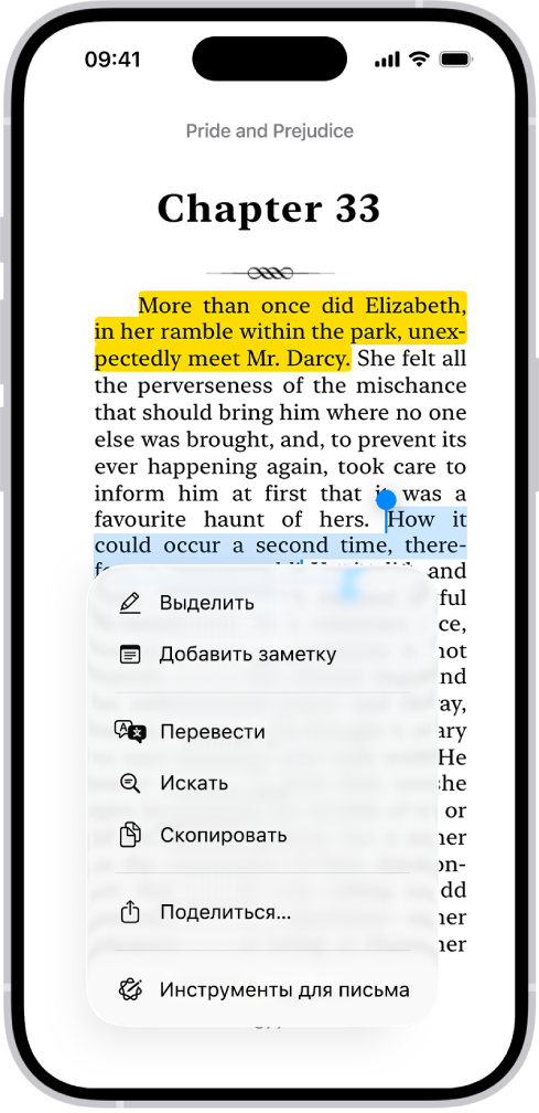 Страница книги в приложении «Книги» с фрагментом выделенного текста. Над выделенным текстом показаны элементы управления: «Выделить», «Добавить заметку» и «Перевести».