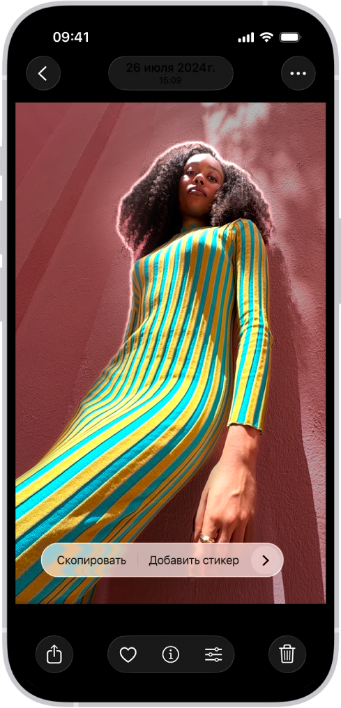 Фотография открыта в медиатеке приложения «Фото». Выделен объект в центре фотографии, а над ним отображаются кнопки «Скопировать», «Добавить стикер» и «Поделиться».