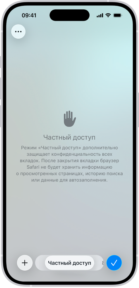 В приложении Safari показан экран частного доступа. В поле в нижней части экрана отображается сообщение «Частный доступ».