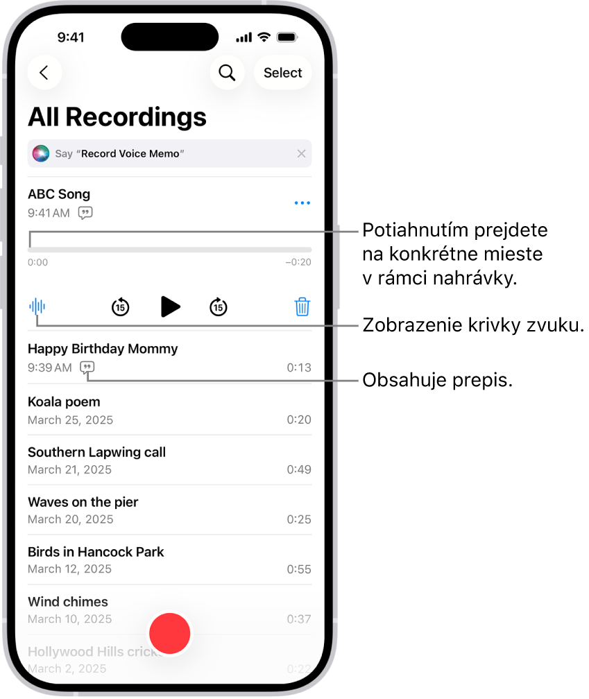 Obrazovka zoznamu v apke Diktafón s vybranými nahrávkami v hornej časti. Na časovej osi nahrávky sa nachádza prehrávacia hlava, posúvaním ktorej možno prejsť na konkrétne miesto v nahrávke. Pod časovou osou sú ovládacie prvky prehrávania.
