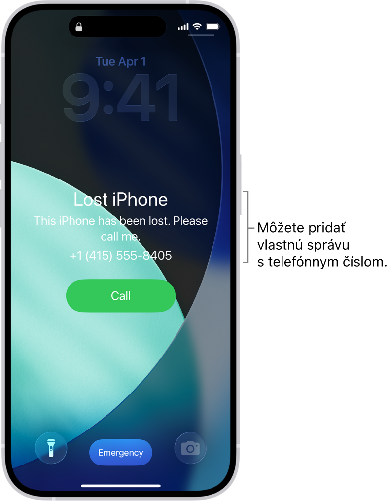 Zamknutá obrazovka iPhonu so správou o stratenom iPhone. Môžete pridať vlastnú správu s vaším telefónnym číslom.