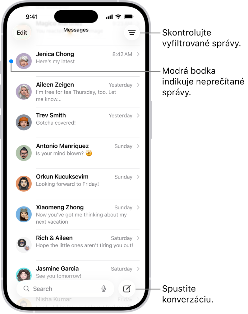 Zoznam konverzácií v apke Správy s tlačidlom Napísať vpravo dole. Neprečítané správy sú označené modrou bodkou naľavo od správy.