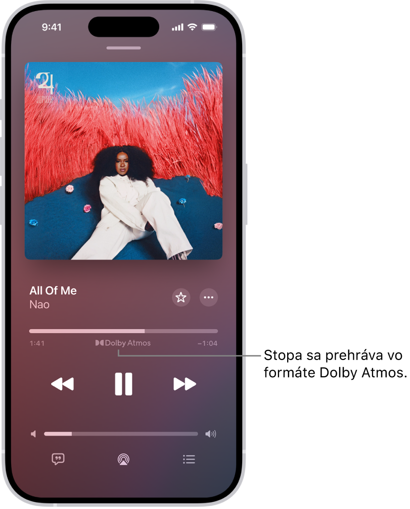 Obrazovka Práve hrá zobrazuje ikonu Dolby Atmos pre prehrávanú skladbu.
