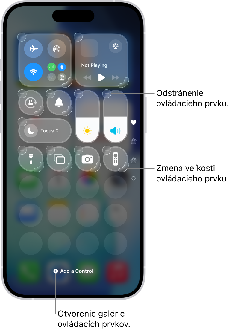 Upravované Ovládacie centrum s tlačidlom Odstrániť a úchytom na zmenu veľkosti na každom ovládacom prvku.