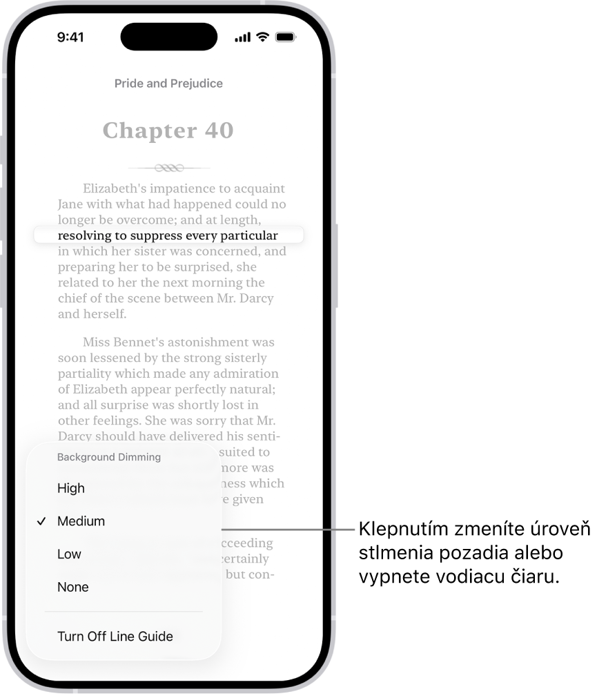 Strana knihy v apke Knihy. Jeden riadok textu je zvýraznený a zvyšok textu je stmavený. V ľavom dolnom rohu obrazovky je tlačidlo Menu zvýrazňovača riadkov.