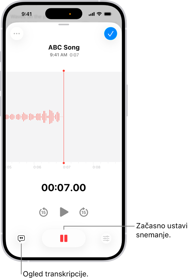Snemanje Glasovni zapiski, ki prikazuje valovno obliko zapisa, ki je v teku, skupaj z indikatorjem časa in gumbom za začasno zaustavitev snemanja.