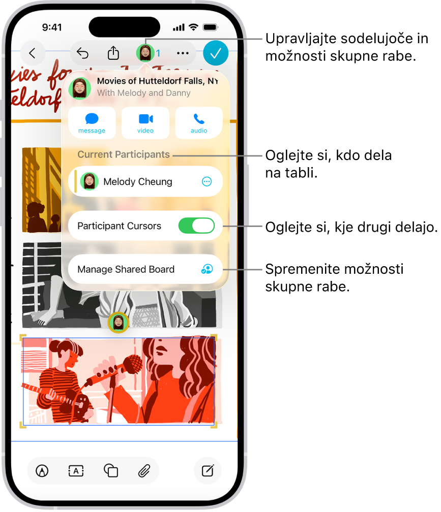 Deljena tabla Freeform v iPhonu z odprtim menijem za sodelovanje.