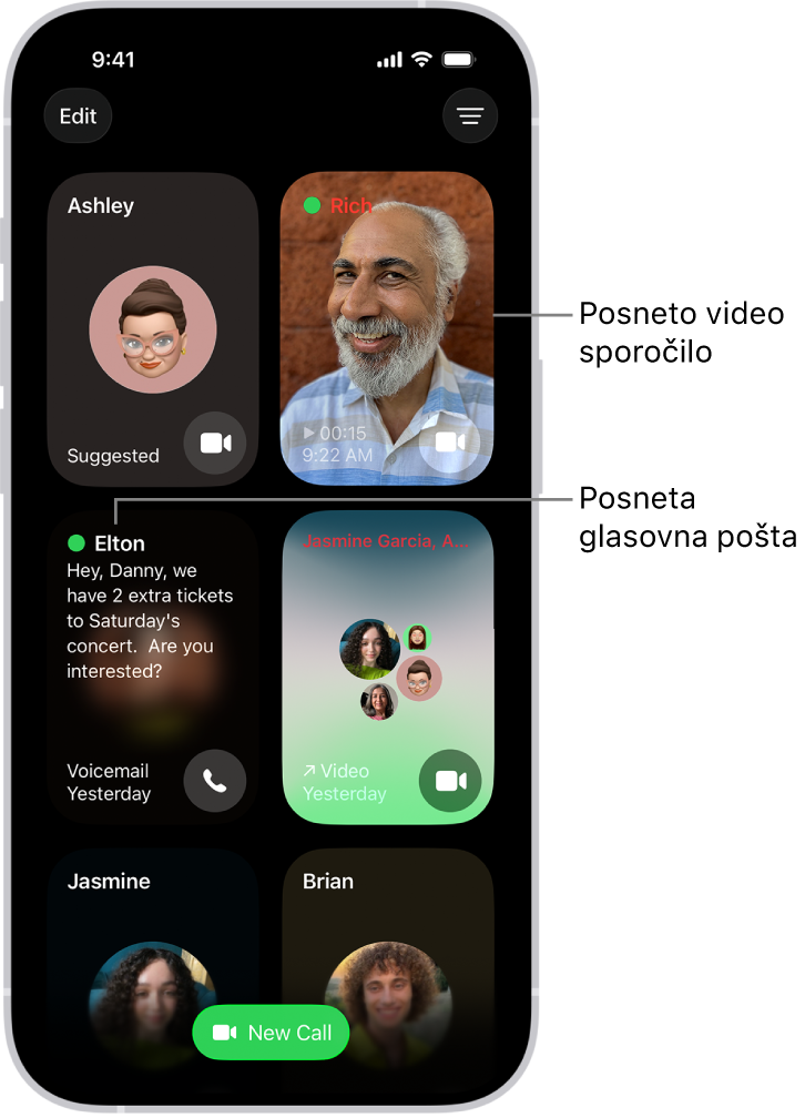 Zgodovina klicev FaceTime, ki prikazuje predlagani stik, posneto videosporočilo, glasovno pošto in video klic skupine FaceTime.